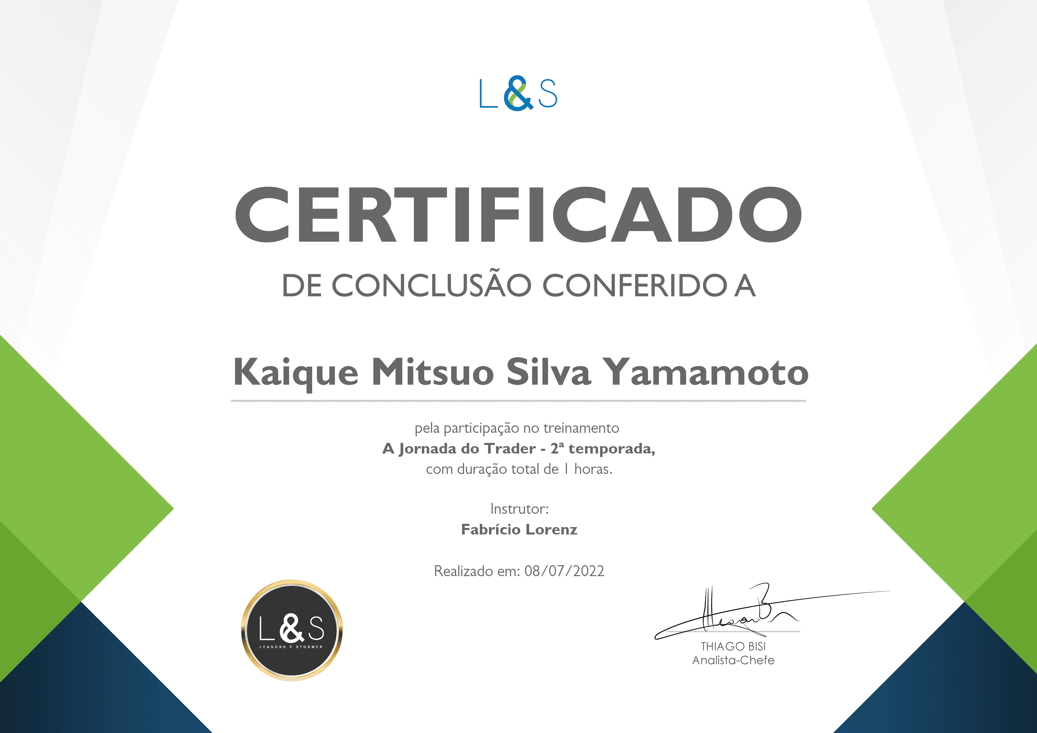 Certificado A Jornada do Trader - 2ª temporada